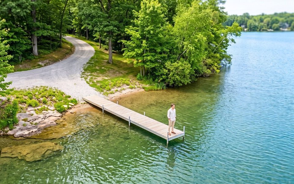Buyer standing off the dock near a Southwest Michigan lake home in July.