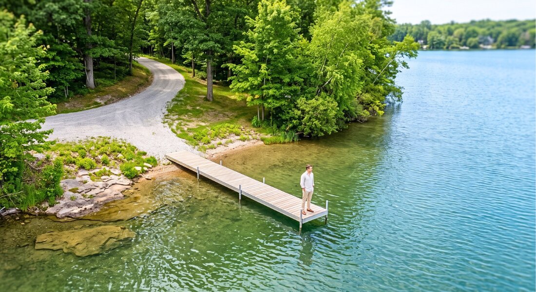 Buyer standing off the dock near a Southwest Michigan lake home in July.