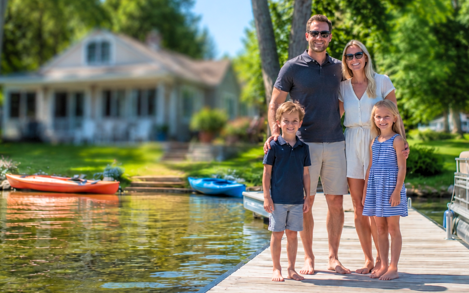 Family stands on Corey Lake dock with lake house blurred behind them.