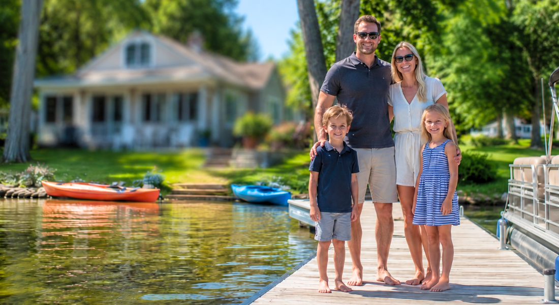 Family stands on Corey Lake dock with lake house blurred behind them.